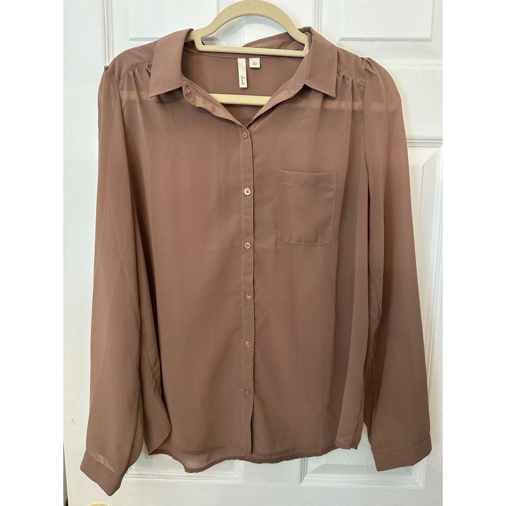Frenchi Mauve Brown Sheer Button Down Blouse Long Sleeve Pocket Top Large